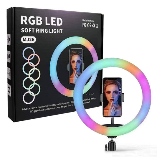 26cm MJ26 RGB LED Ring Light with Tripod & Phone Holder – Adjustable Soft Lighting for Makeup, Vlogging & Photography (10.2” Ring Light)