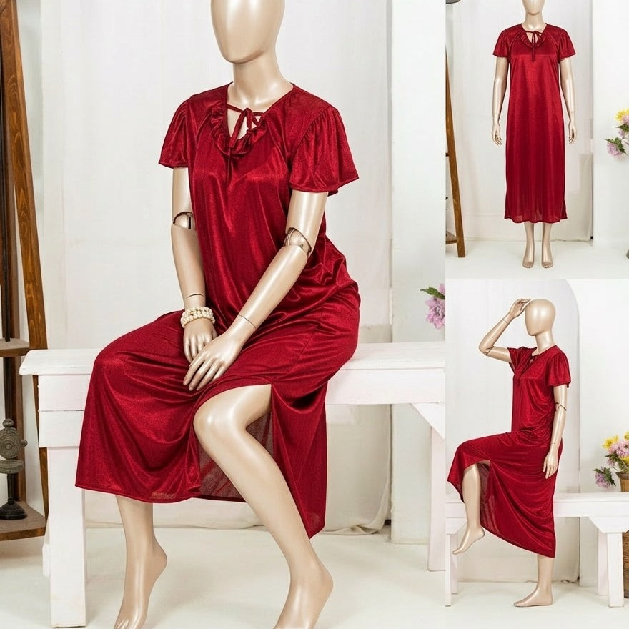 Silk Satin Bow Tie Maxi Night Dress for Women